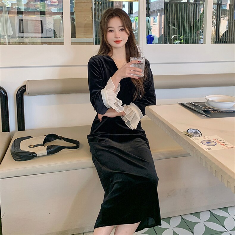 2024春装新款金丝绒七分袖连衣裙浙宝B2楼239-P115-控165,女装连衣裙,姿衣轩