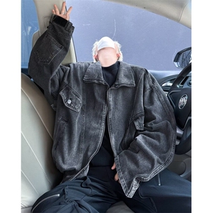 DN8634-P80春秋季牛仔外套男做旧水洗潮牌高街宽松美式复古夹克图片
