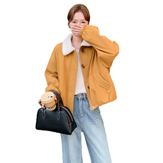 羊羔毛领黄色工装派克服女冬季2025新款短款棉服小个子流行超火，女装棉衣/棉服，2C159