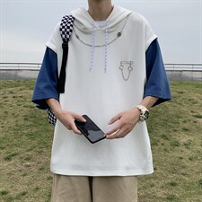 高街潮流大码宽松链条装饰T恤连帽撞色假两件短袖男 T1070-P32图片