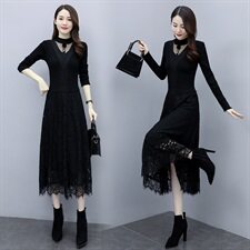 2023秋季新款半高领线衣花边配蕾丝长款打底连衣裙（配饰品)，女装连衣裙，安之芮娜