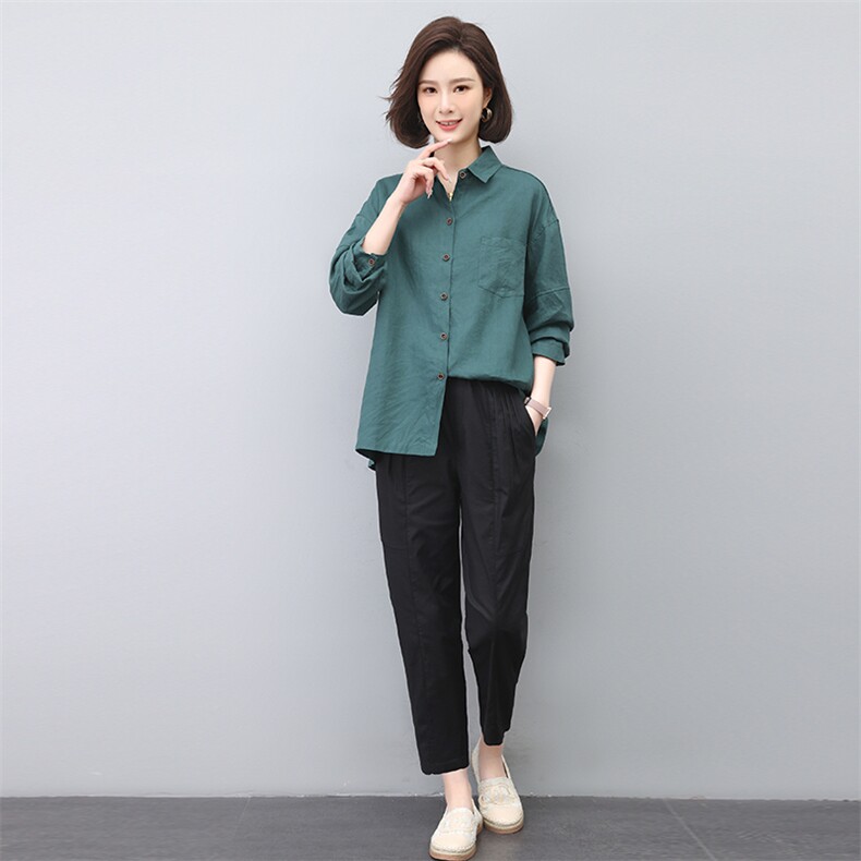 中年妈妈春季休闲亚麻长袖衬衫女2023新款两件套装,女装套装/套裙,忆绮罗