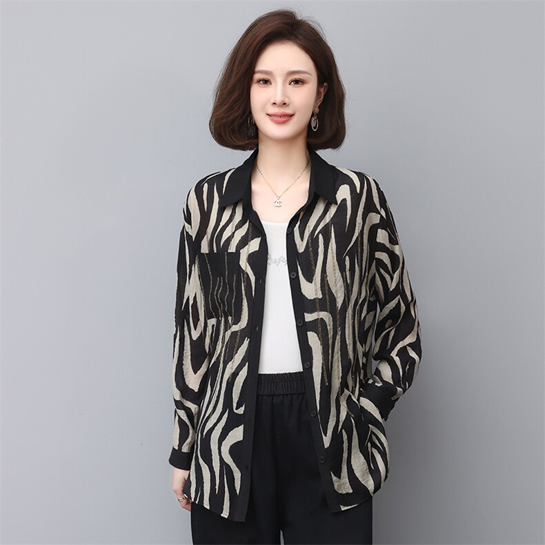 时尚春季宽松镶钻斑马纹衬衫女，女装衬衫，叶笙衣