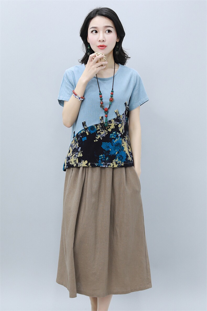 2021年夏季中长款圆领甜美气质创意图案潮流短袖花色拼接T恤,女装T恤,雪樱依海