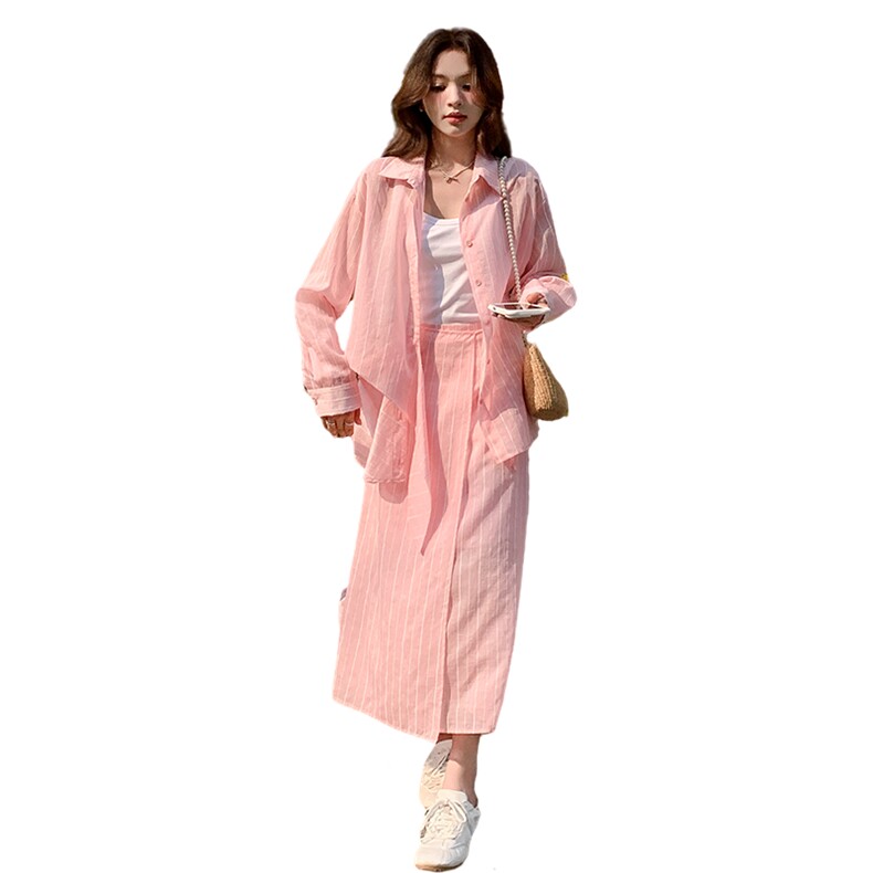 时尚条纹衬衣+条纹半裙两件套2025夏2c107-5016-p155k215,女装套装/套裙,2C107