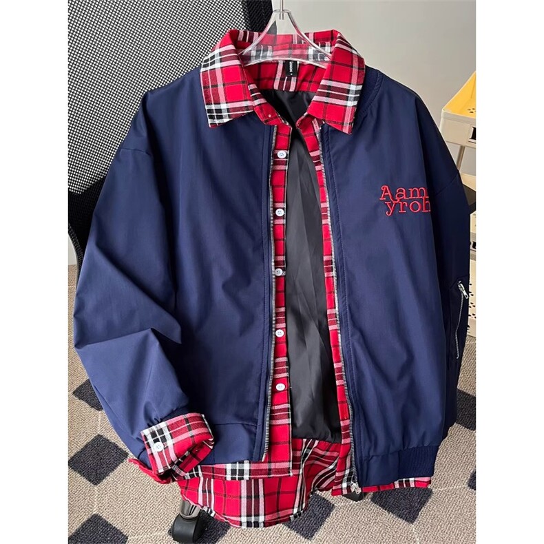 小众格子拼接假两件外套男秋复古工装飞行员夹克棒球服HH8561 P70图片