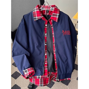 小众格子拼接假两件外套男秋复古工装飞行员夹克棒球服HH8561 P70图片