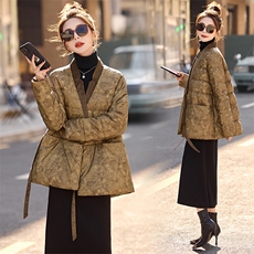 新中式G风印花羽绒服女装2024新款冬季系带气质高级感白鸭绒外套，女装羽绒服，仟媚宠