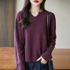 高品质100纯棉线V领针织衫女宽松显瘦加厚打底衫春秋新款全棉上衣图片