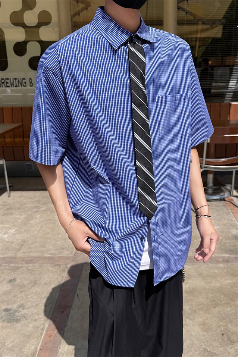 细格子短袖衬衫5XZ1030-TP5588学院风韩系小清新翻领衬衣男,男装衬衫,电商A102