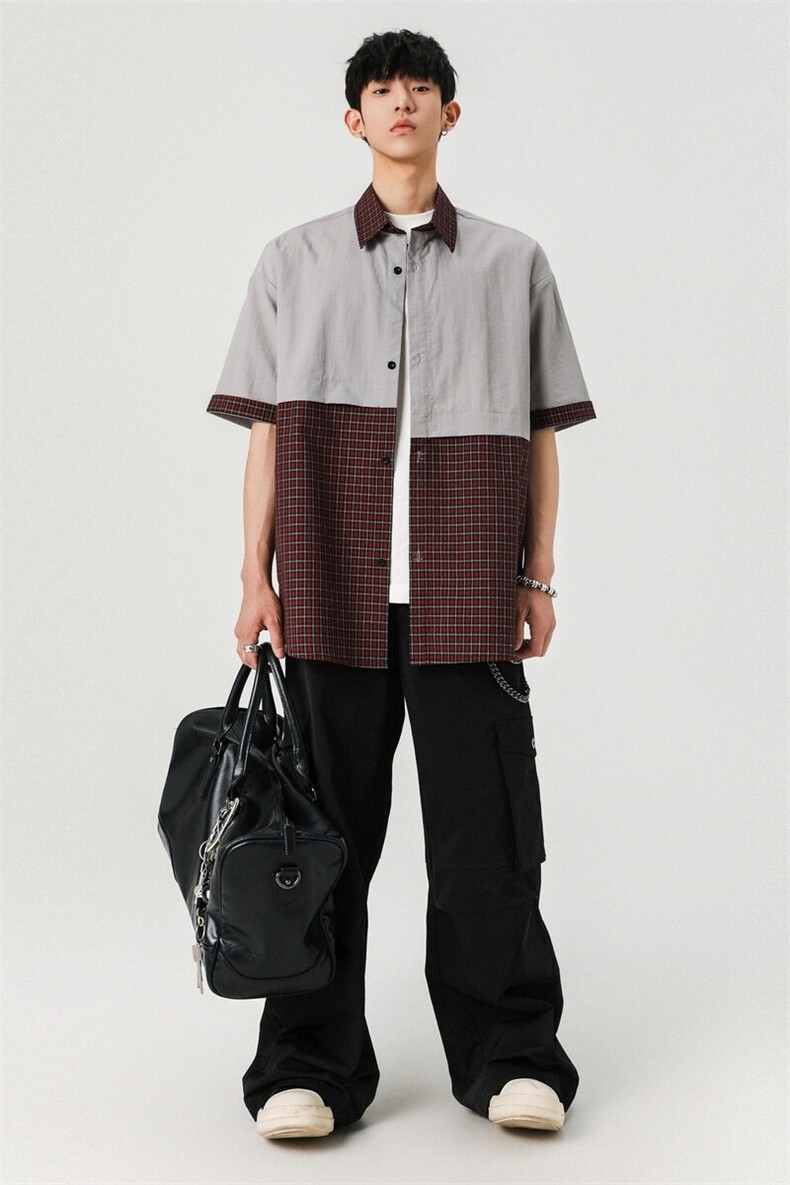 工装复古短袖格子衬衫2025夏季情侣款宽松衬衣A406C6059特P40,男装衬衫,星座309（原A406）