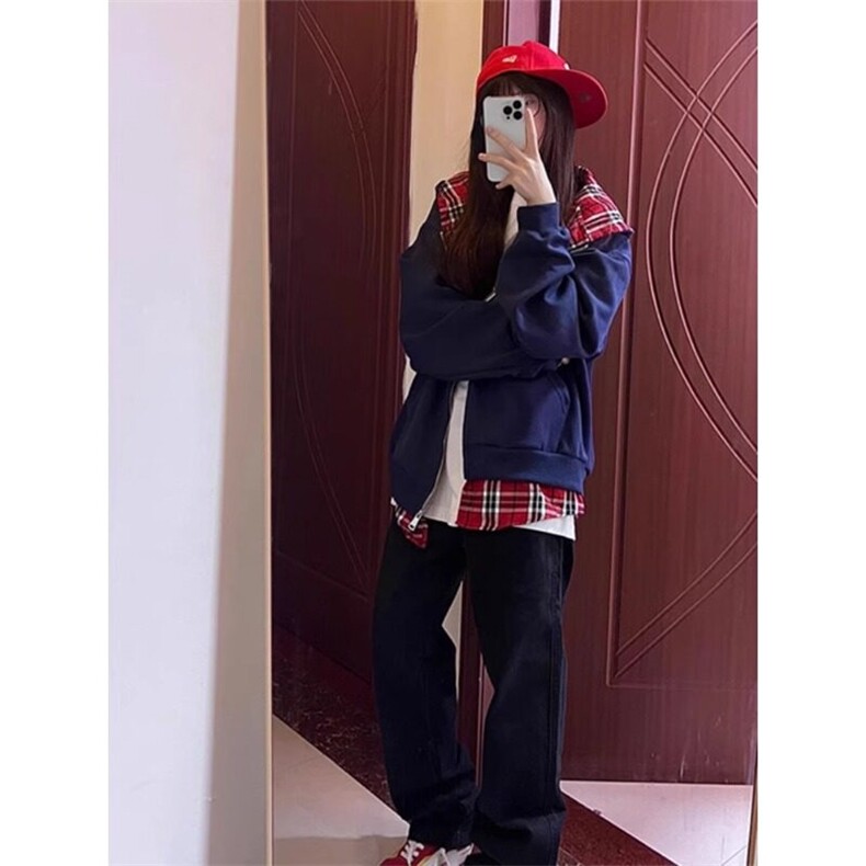 假两件格子拼接连帽卫衣高级感美式开衫外套WY653特P50,女装短外套,星座908-1