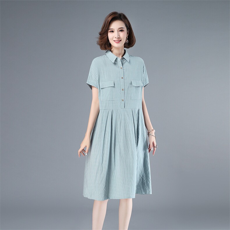 2021年夏季中长款格子套头A字裙40-49周岁POLO领韩版裙子高腰,女装连衣裙,伊满意