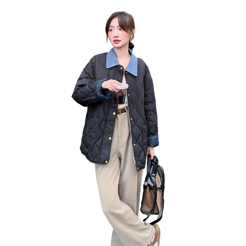黑色菱格羽绒棉服女2024冬宽松韩版洋气超好看拼接翻领牛仔小棉袄,女装棉衣/棉服,C位