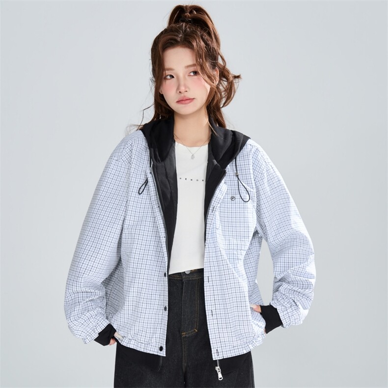 春秋宽松格纹连帽假两件夹克女休闲潮流百搭外套XZ309JK8016P83,男装夹克,星座309（原A406）