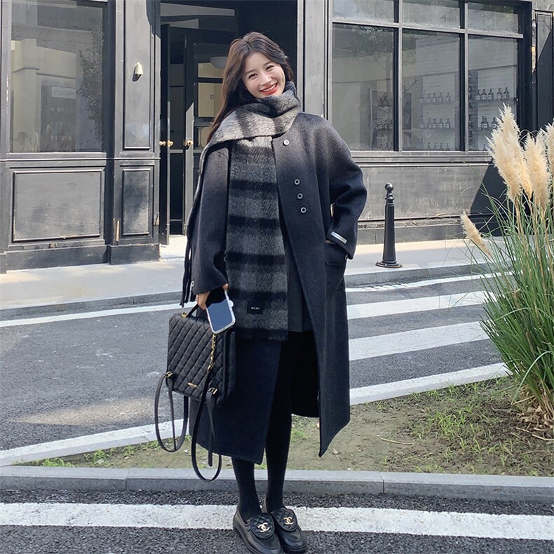 灰色围巾款双面毛呢外套女冬季新款韩版长款高级感气质羊毛大衣,女装毛呢外套,2D014