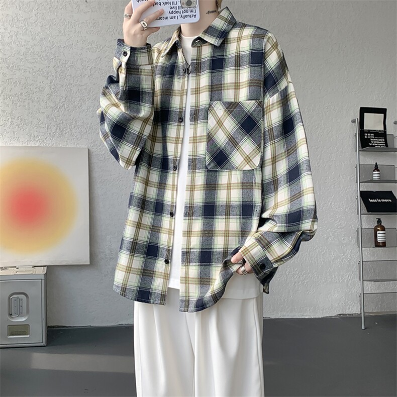 衬衫男秋季新款港风宽松大码磨毛格子长袖衬衣CS6639-P35,男装衬衫,星座214-3