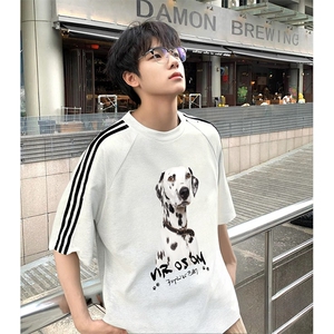 抖音得物高品质二开240克宽松纯棉美式潮牌三条杠织带短袖T恤图片
