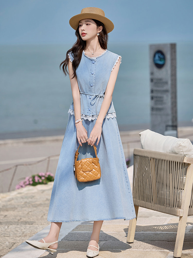 新品现货2025夏装水洗轻薄牛仔套裙两件套女,女装套装/套裙,苗苗