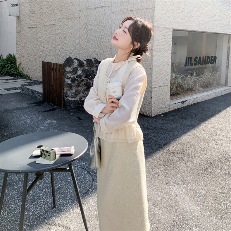 -2026年春季新款法式千金感蕾丝裙摆马甲半身裙三件套,女装套装/套裙,1D102-1