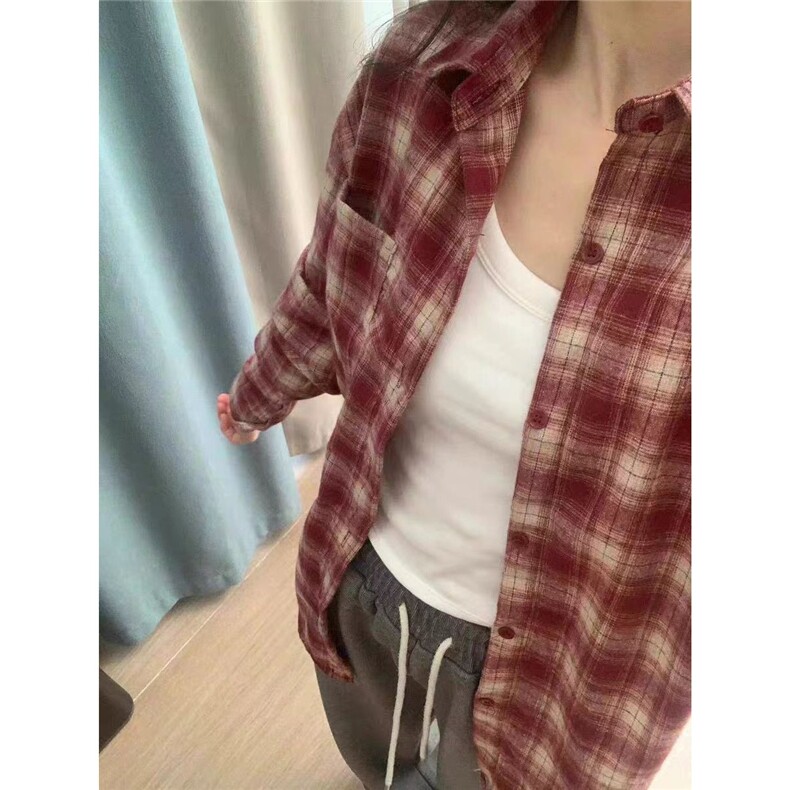 慵懒温柔风长袖polo红色格子衬衫女叠穿宽松遮肉显瘦衬衣外穿上衣,男装衬衫,星座1210-1