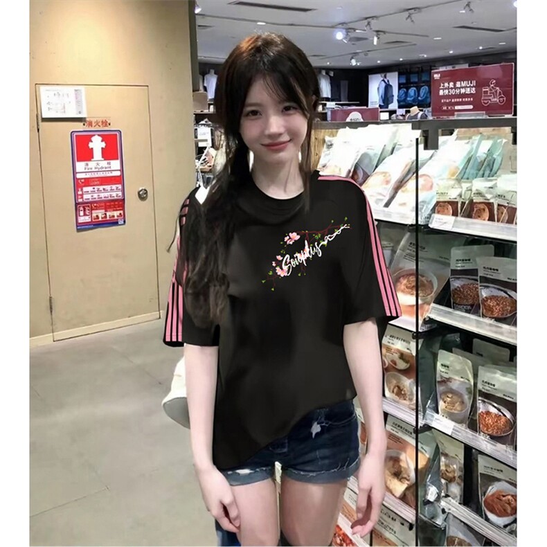 抖音得物品质二开240克宽松纯棉美式潮牌印花三条杠中性风短袖T恤,男装T恤,电商A486