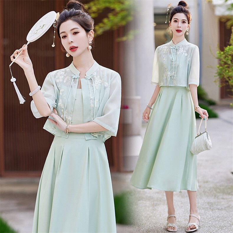 新中式国风吊带裙套装女2024夏季新款时尚高级感茶服连衣裙两件套,女装套装/套裙,芷墨服饰