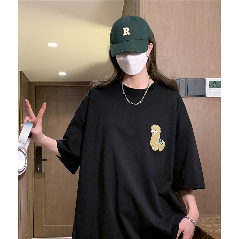 中性夏季毛巾绣羊驼卡通圆领宽松半袖T恤女短袖潮D289P25控39,男装T恤,电商A335-1（原A458）
