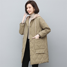 2022冬季新款时尚休闲连帽中长款棉衣外套，女装棉衣/棉服，江忆布依