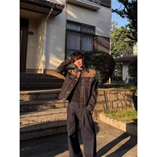 麂皮拼丹宁夹克男高街复古潮牌情侣上衣休闲百搭牛仔外套JKM75，男装工装外套，星座516A
