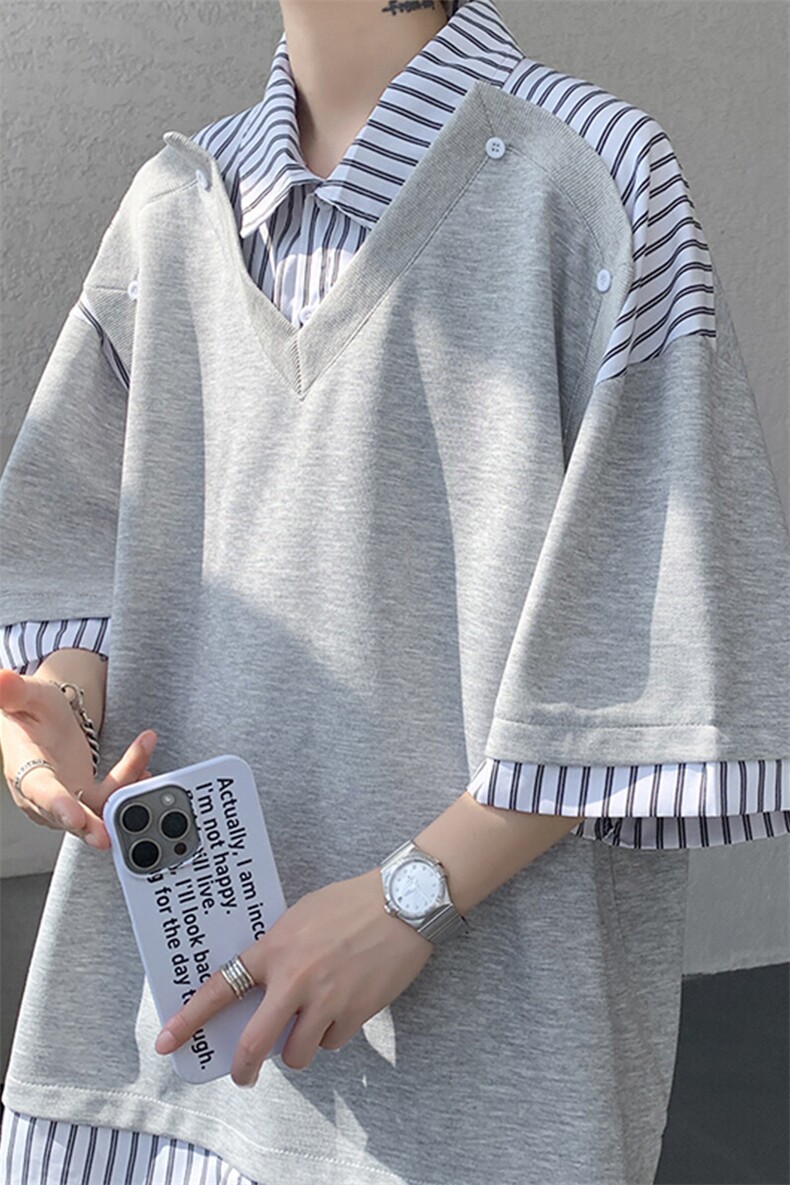 学院衬衫领t恤设计解构假两件短袖条纹拼接七分袖POLO衫DT009P50,男装T恤,电商B312