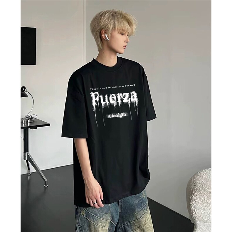 抖音得物供货210克现货宽松纯棉美式潮牌印花落肩袖纯棉T恤AT2161,男装T恤,电商A443