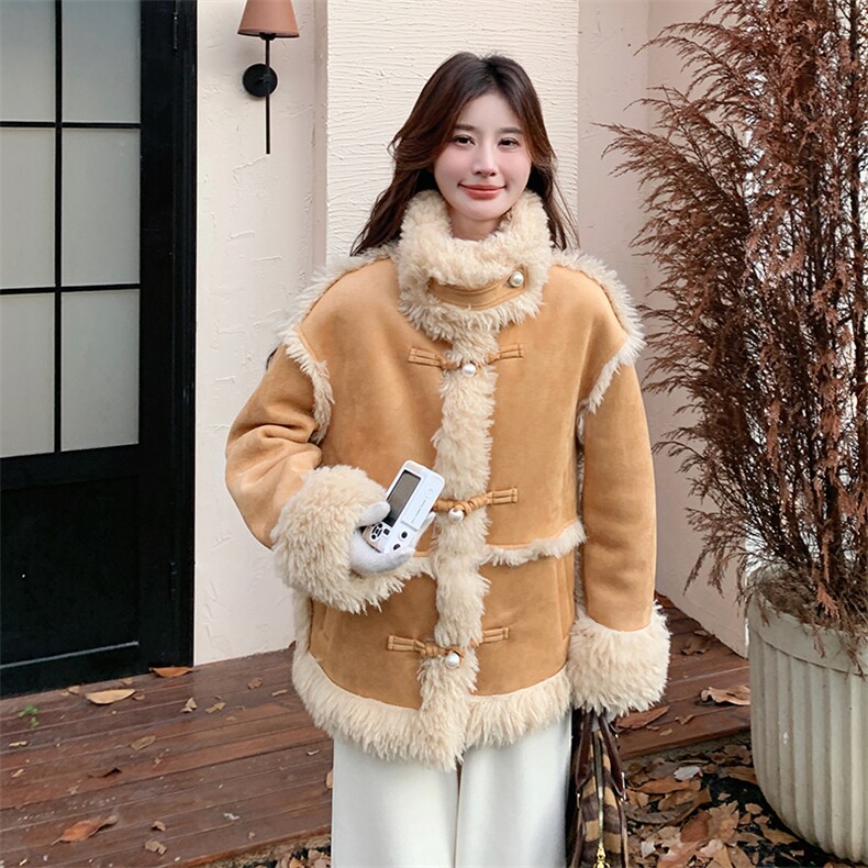 麂皮绒皮毛一体羊羔毛外套女2024冬新款时尚宽松毛茸茸机车服棉服,女装羊羔毛/颗粒绒,秋水欣儿