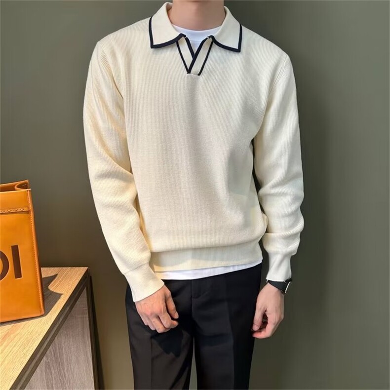 撞色V领休闲翻领针织POLO衫气质长袖春秋宽松型MY892-P55,男装Polo衫,星座208-5