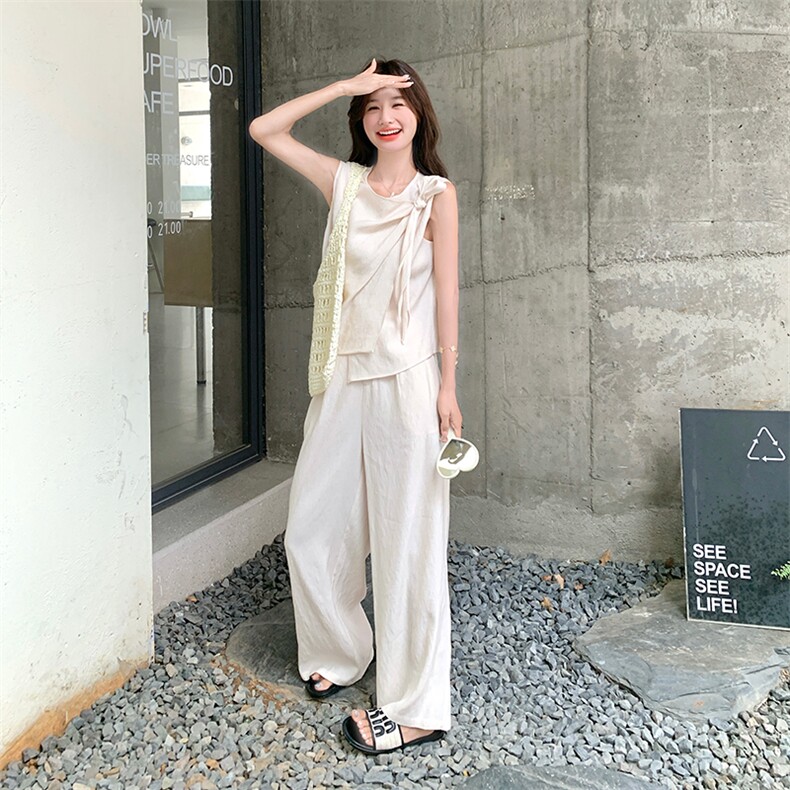 韩系蝴蝶结绑带背心女夏季新款高级感无袖上衣高腰阔腿长裤两件套,女装套装/套裙,1D066-1