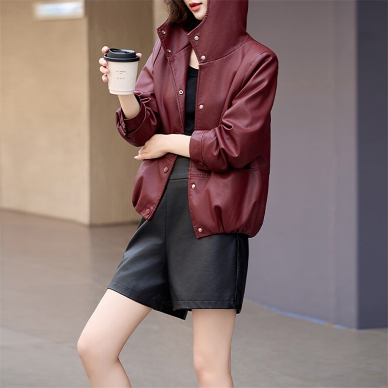 仿真皮皮衣女2024新款秋带帽休闲小个子海宁仿绵羊皮夹克外套短款,女装皮衣,美拉德工厂直营店