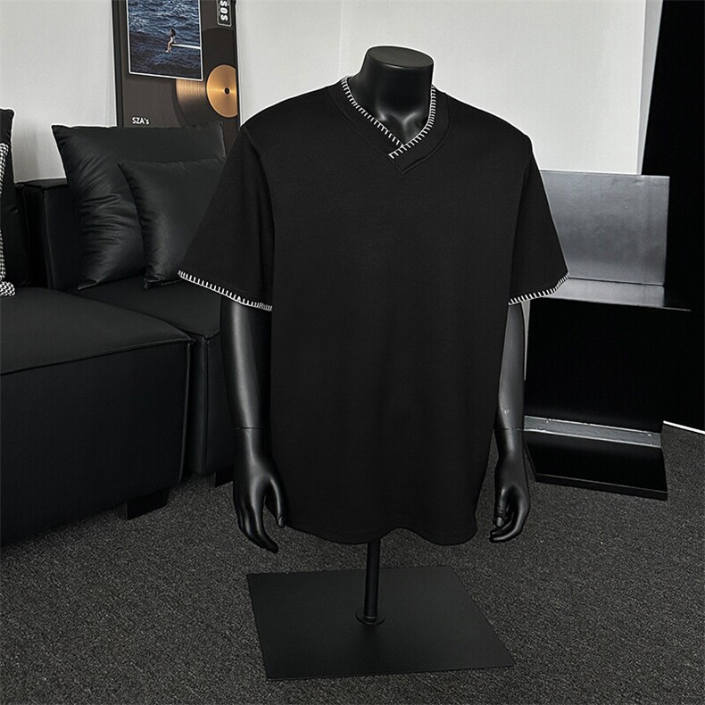 假模现货V领手工缝织垫肩美式潮流宽松短袖T恤A071-T65-P40,男装T恤,电商A071
