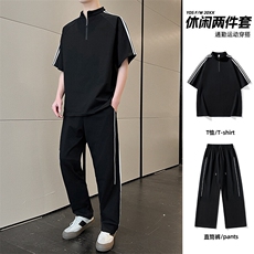 冰感重磅短袖套装男夏季宽松三杠半袖t恤衫长裤两件套，男装休闲套装，星座1206（原A206）