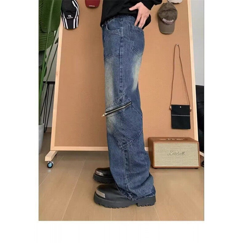 拉链设计水洗工装牛仔裤宽松阔腿街头风痞帅百搭裤子男LS6003-p53,男装牛仔裤,星座1008