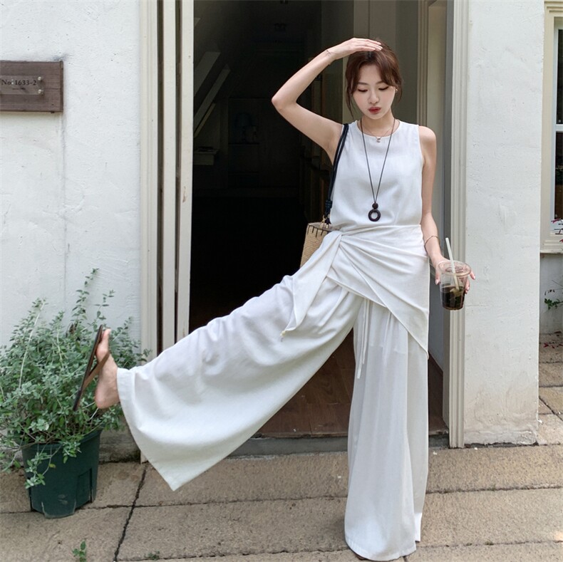 套装女新款流行无袖上衣阔腿裤巨好看的夏装三件套,女装套装/套裙,秀美人生