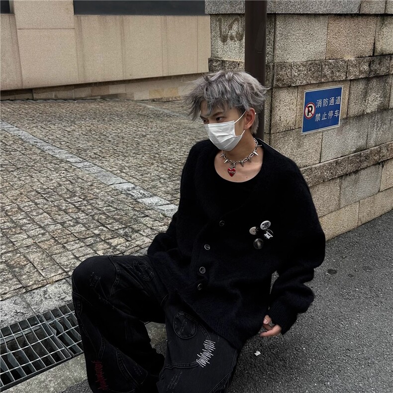 高级感紫色百搭V领针织开衫男女秋冬新款胸针宽松慵懒风毛衣外套，男装针织衫/毛衣，星座506A