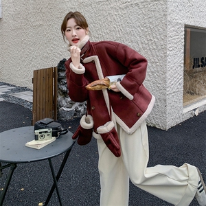 皮毛一体麂皮外套女2025冬加绒复古小个子时尚短款羊羔毛高级感厚,女装羊羔毛/颗粒绒,浙宝069