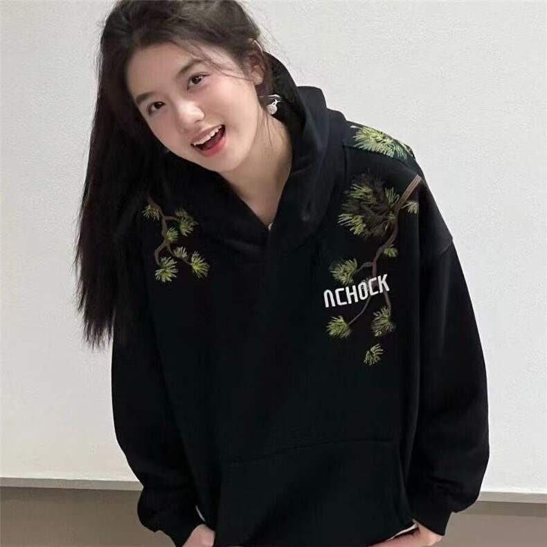 美式复古迎客松重磅刺绣卫衣男小恶魔宽松休闲情侣连帽衫女,男装卫衣,星座506A