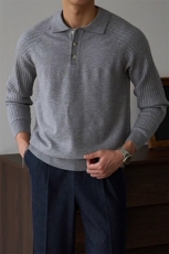 复古老钱风插肩袖竖条纹肌理感长袖针织POLO衫C67082/P65，男装Polo衫，电商A243
