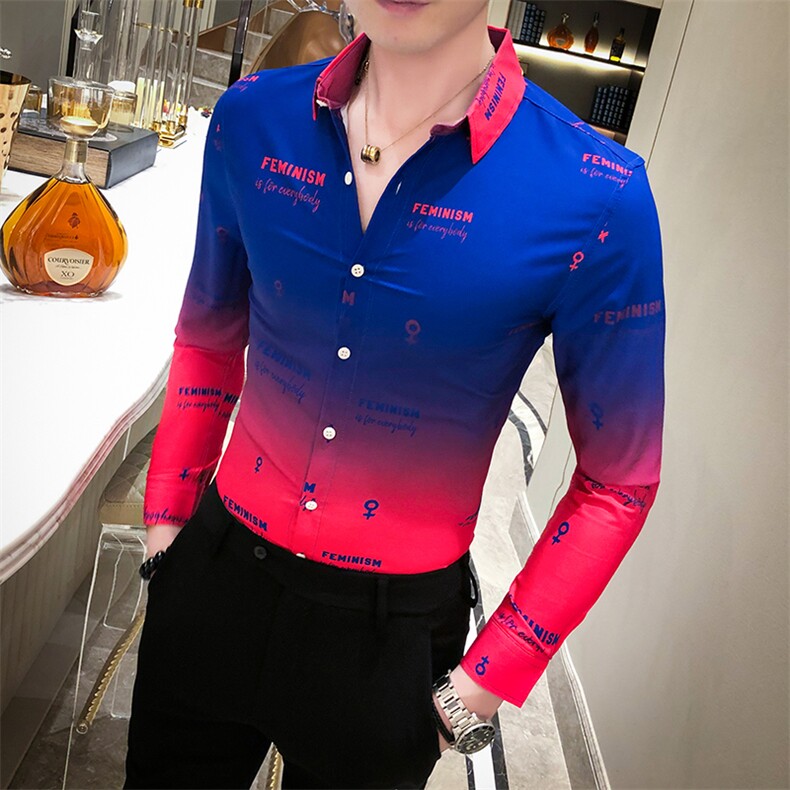 2021春男衬衫英伦男长袖上衣韩版修身印花男花衬衫A068-H550-P55图片