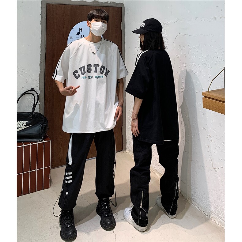 情侣装2026夏装新款美式高街印花圆领宽松T恤织带半袖潮D268P38,男装T恤,电商A335-1（原A458）