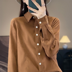 双面德绒衬衫女2023秋冬新款磨毛上衣设计感时尚洋气纯色开衫衬衣