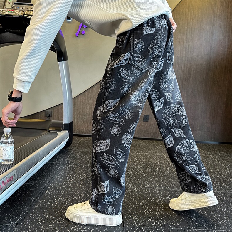 秋冬加绒牛仔裤男士个性树叶印花直筒牛仔弯刀裤潮901N50加绒P68,男装牛仔裤,星座901