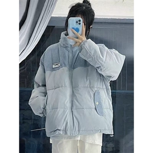 蓝色羽绒服女2025新款冬季短款面包服设计感小众灯芯绒外套女款图片