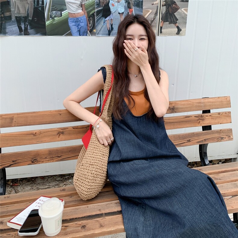 法式假两件拼接牛仔无袖背心连衣裙女夏2025新款学院风巨好看长裙,女装连衣裙,2C323
